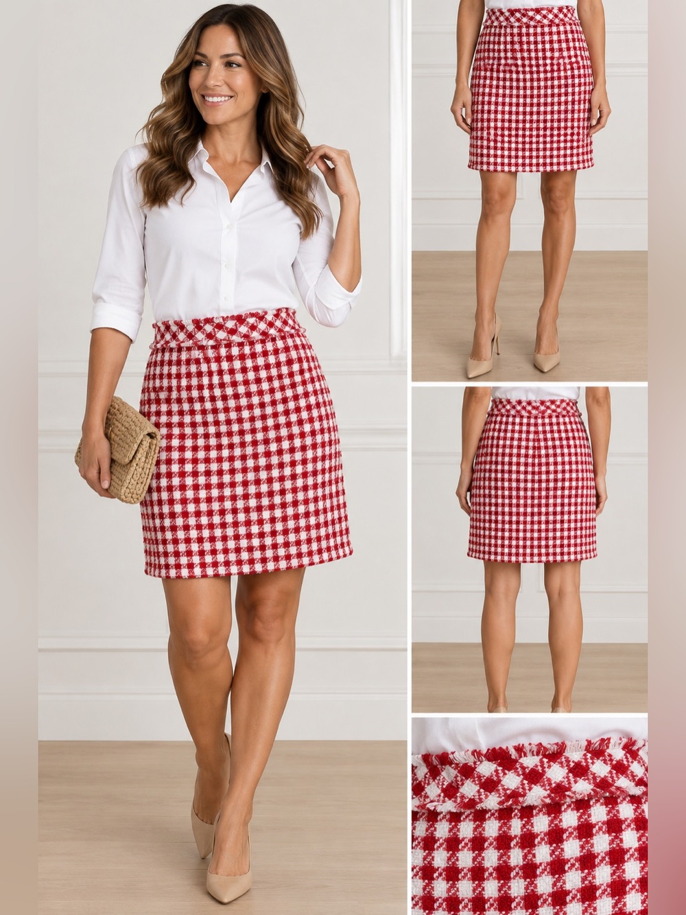 Ann Taylor Red & White Gingham Tweed Fringe Skirt Size 8